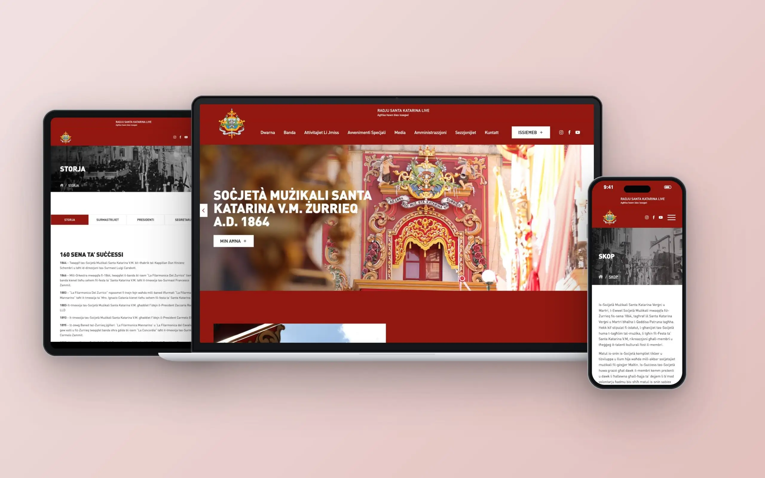 Soċjetà Mużikali Santa Katarina website on laptop, tablet and phone