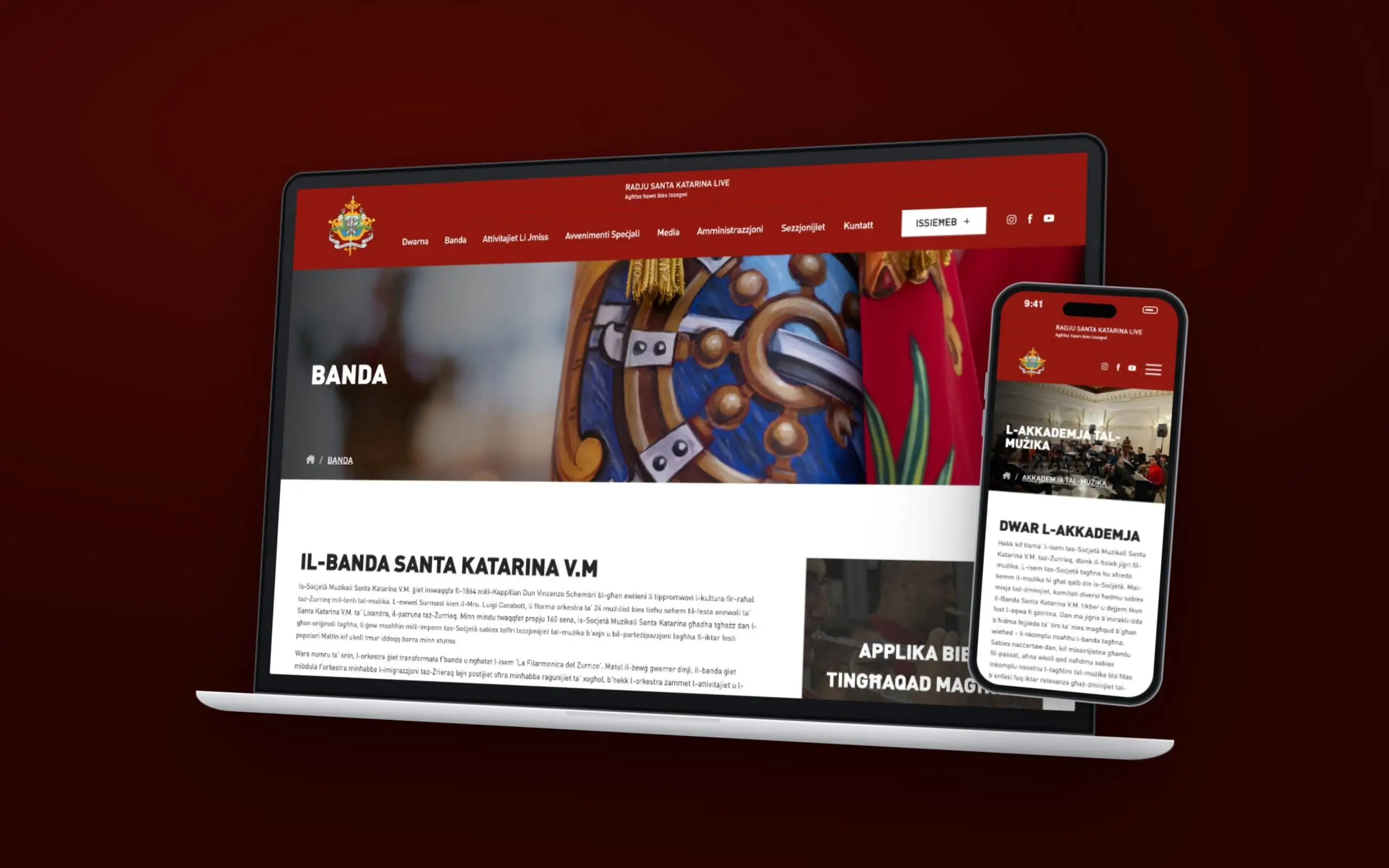Soċjetà Mużikali Santa Katarina website on an angled laptop and a phone