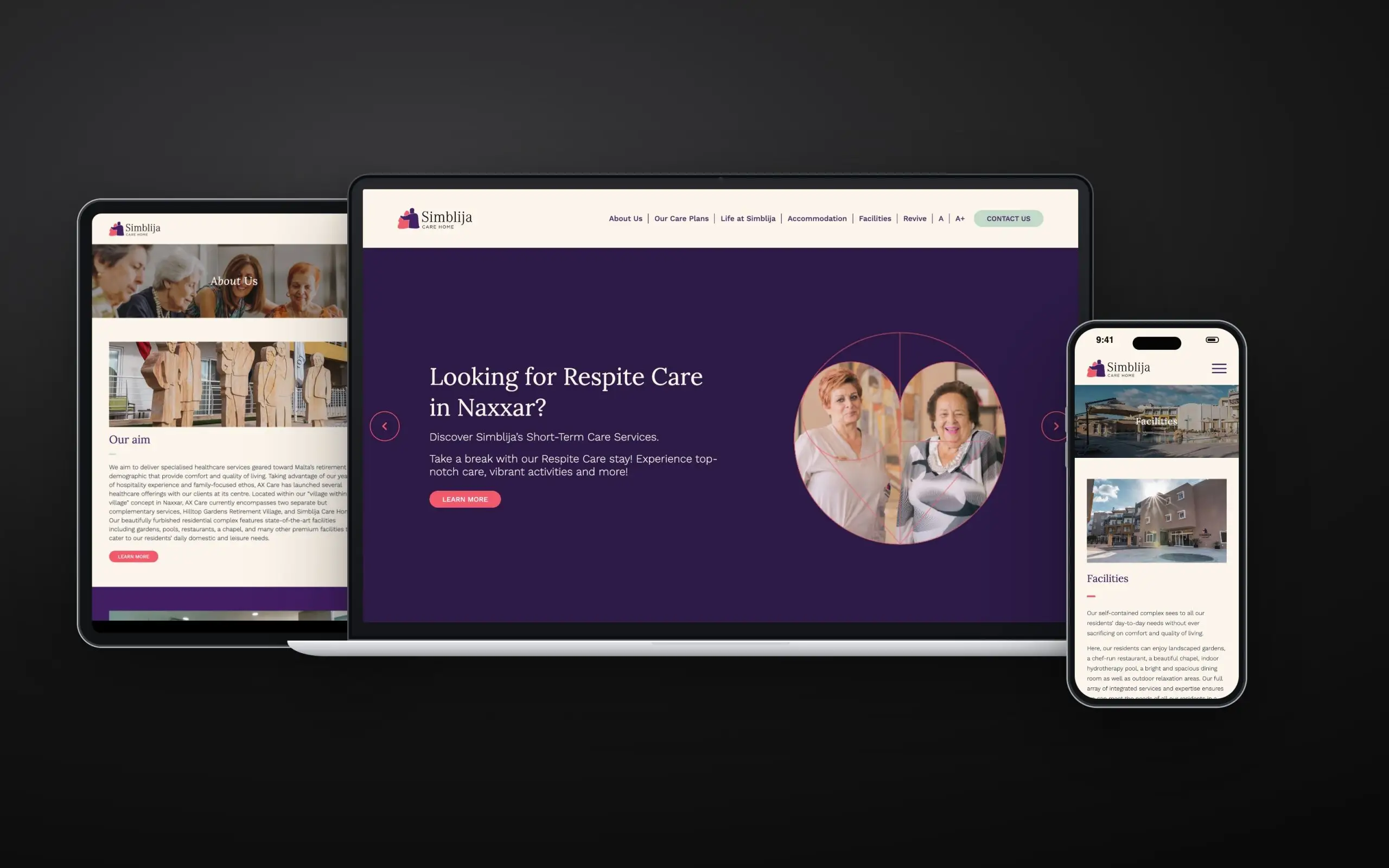 Simblija Care Home website on laptop, tablet and phone