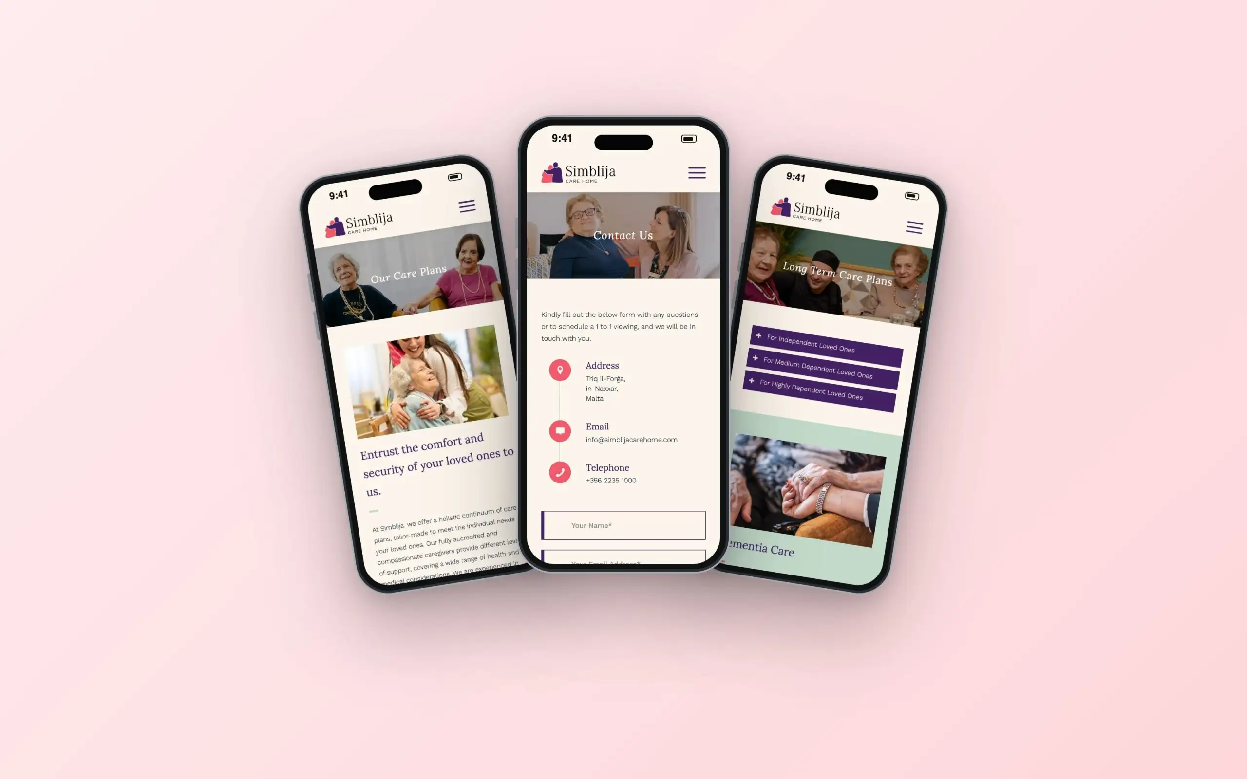 Simblija Care Home website on three phones