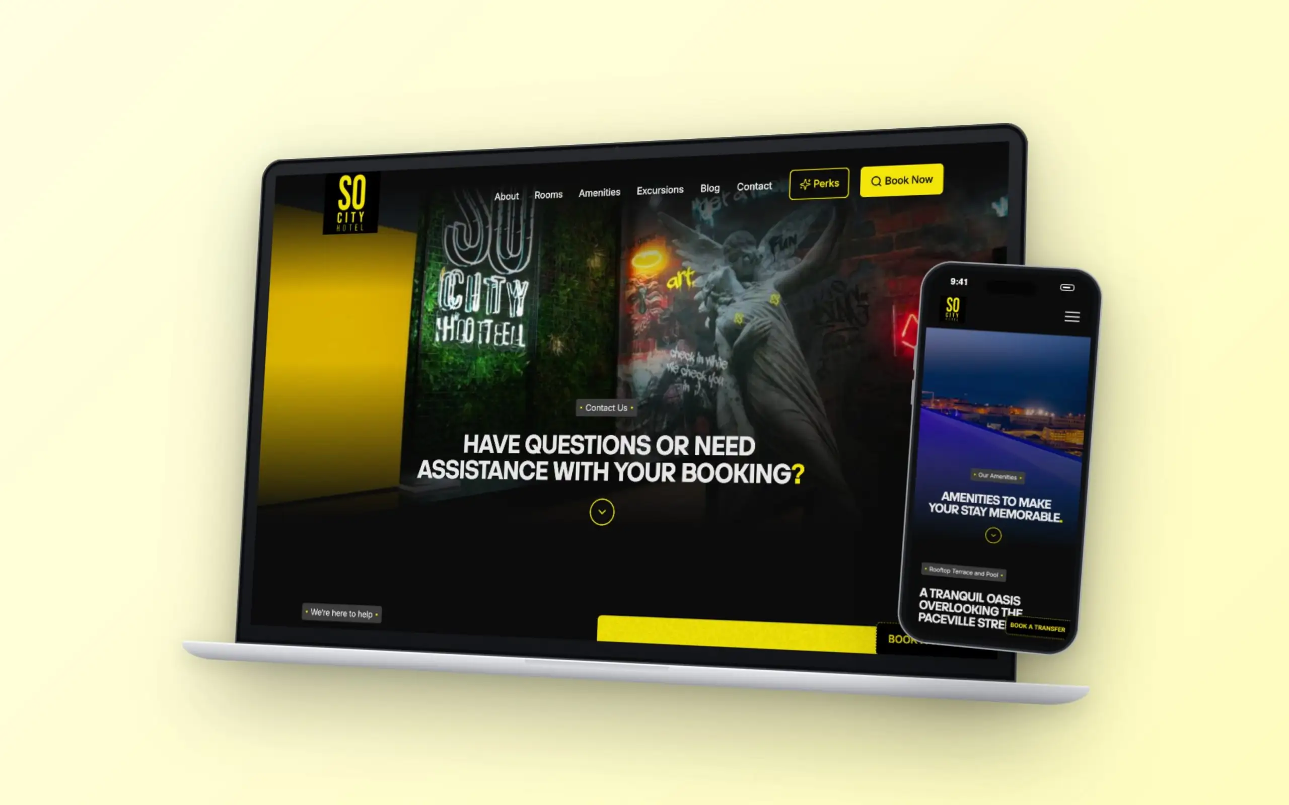 So City Hotel website on an angled laptop and a phone