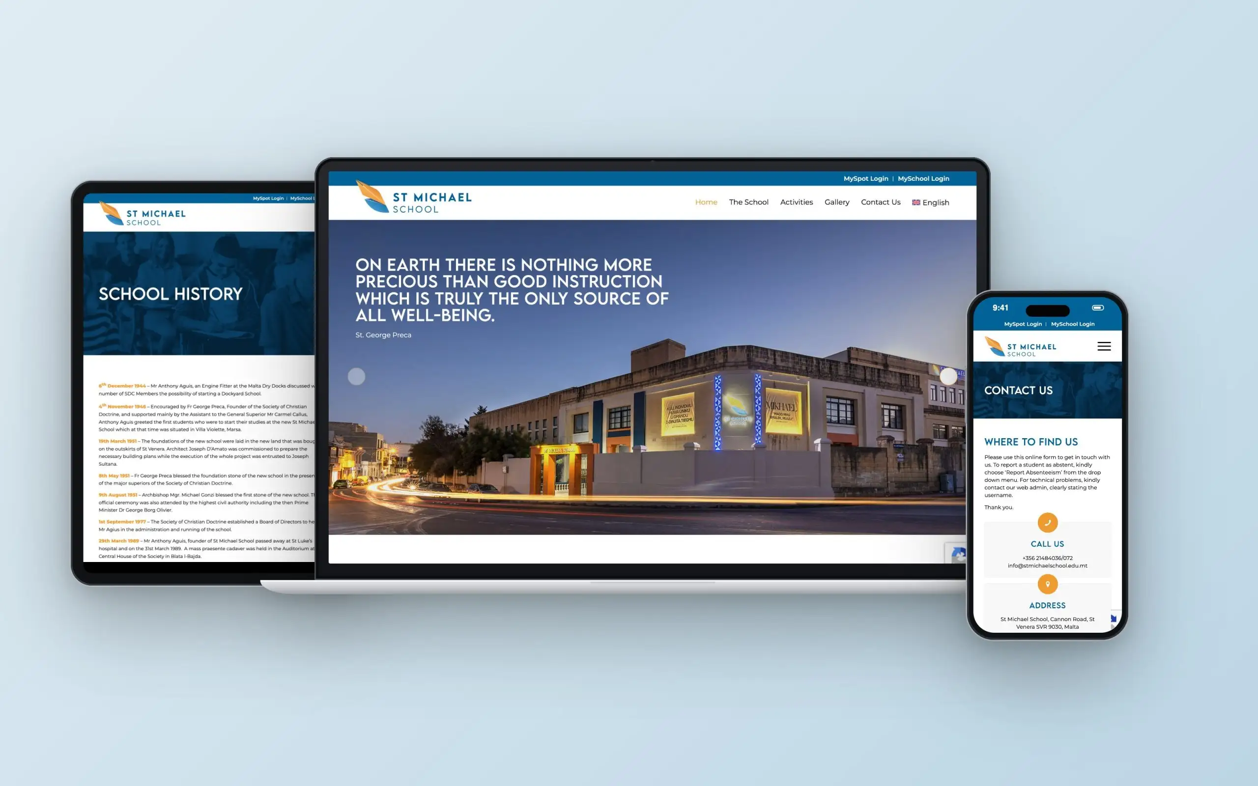 St Michael School website on laptop, tablet and phone