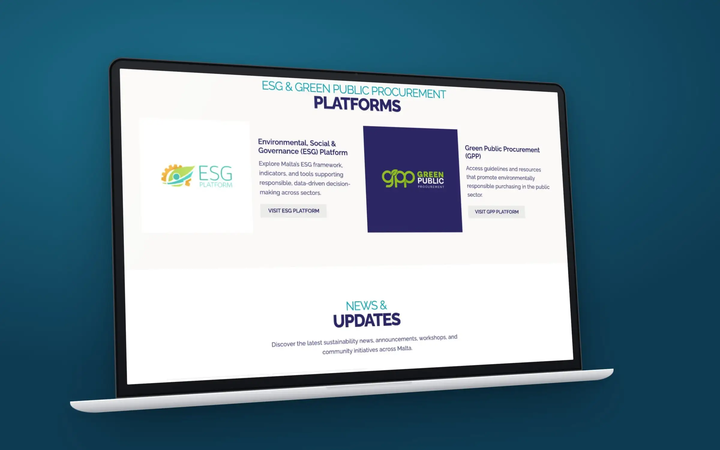 The ESG and Green Public Procurement platforms section of sustainabledevelopment.gov.mt on an angled laptop