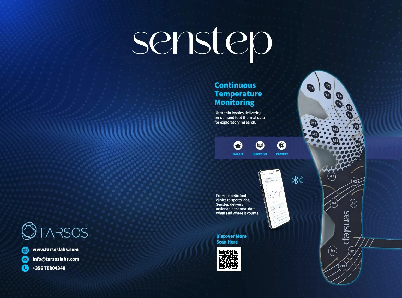 Senstep by Tarsos brochure: continuous temperature monitoring insole with the companion app and the Tarsos logo