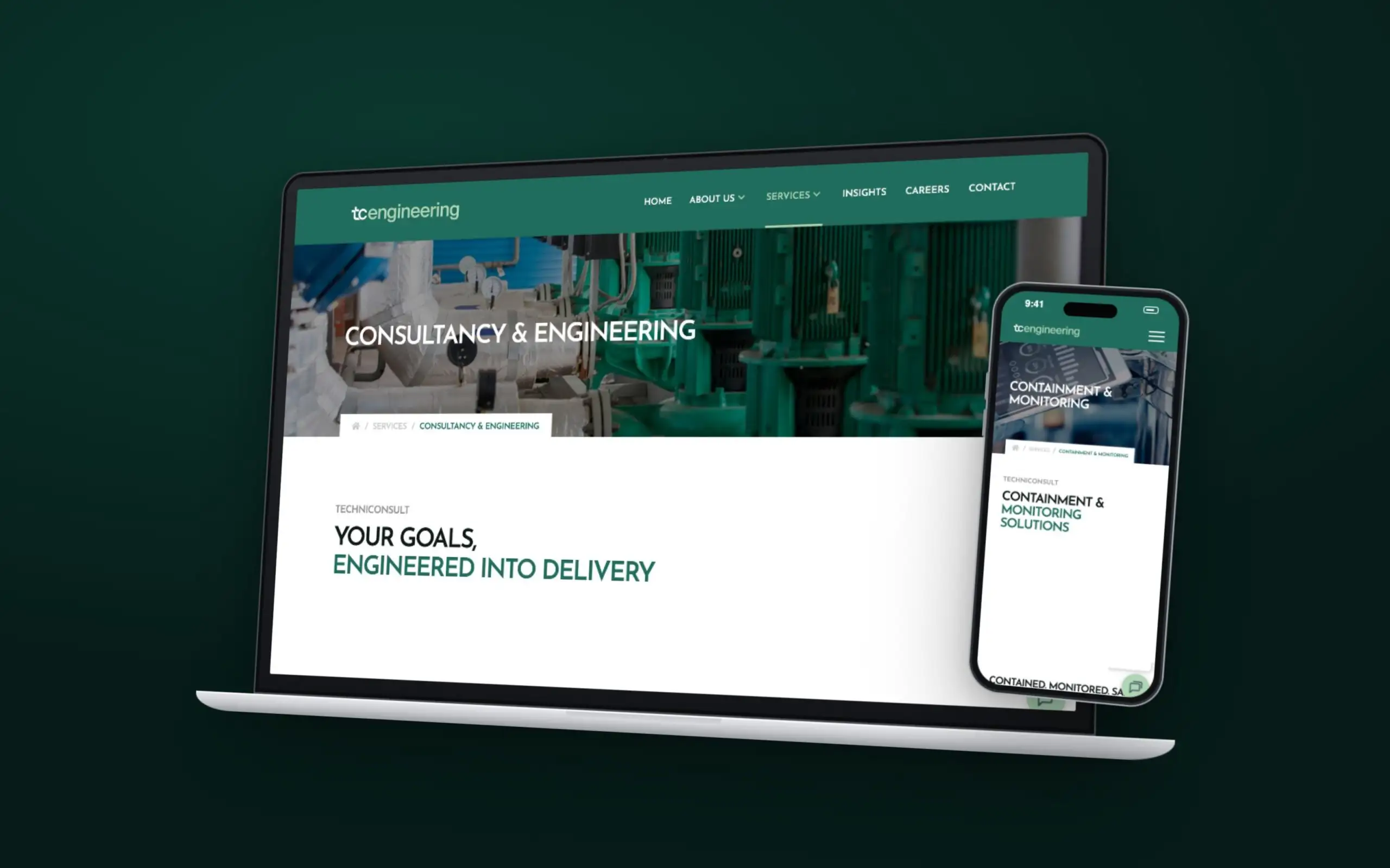 TC Engineering website on an angled laptop and a phone