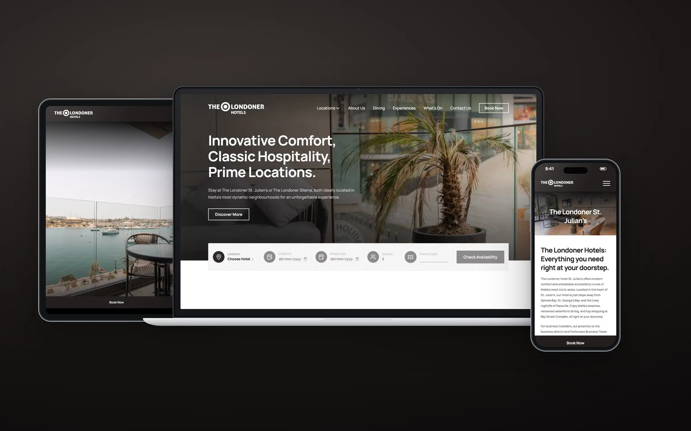 The Londoner Hotels website on laptop, tablet and phone, showing the homepage, The Londoner Sliema and The Londoner St Julian's pages