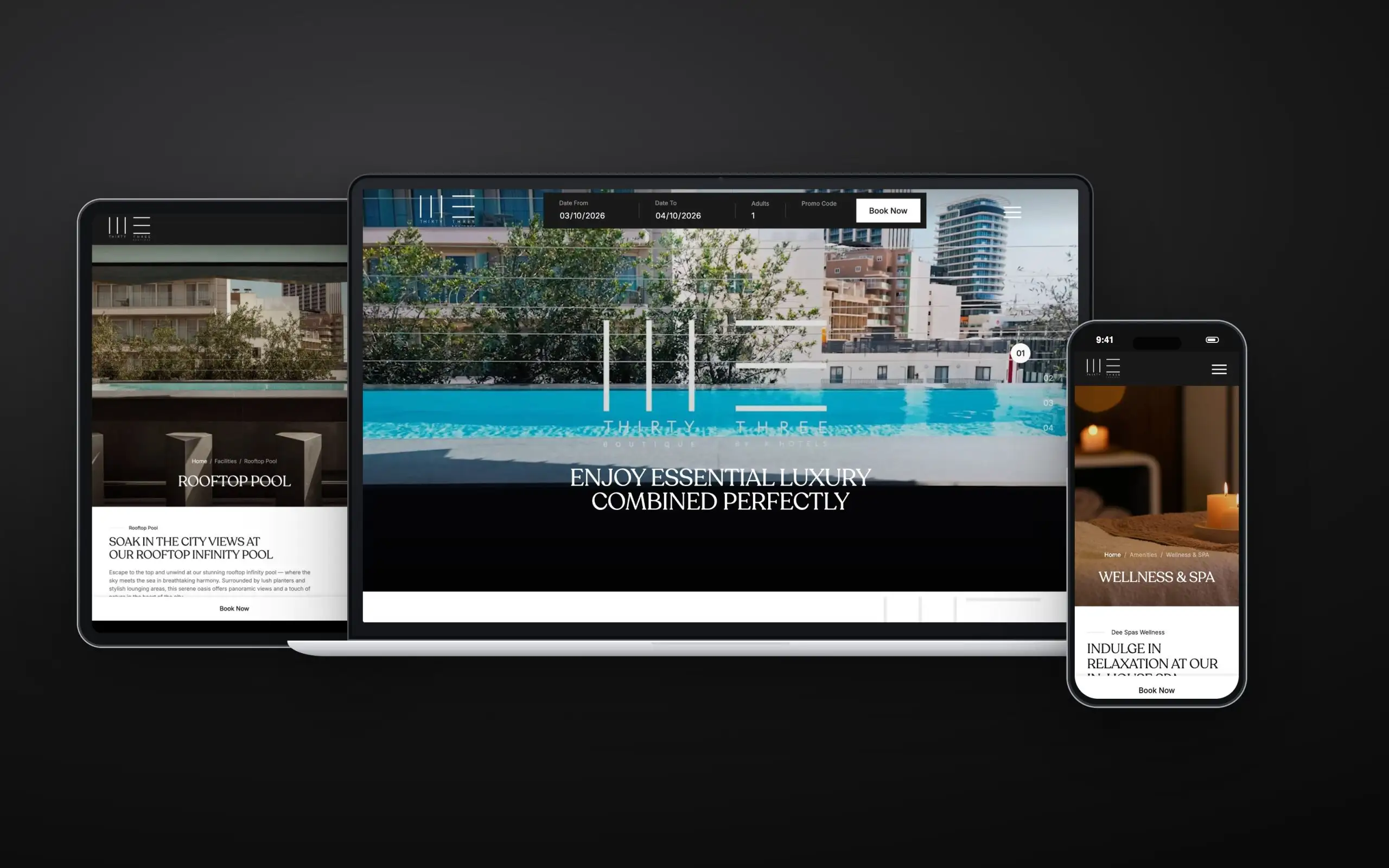 Thirty Three Boutique Hotel website: homepage on laptop, rooftop pool page on tablet, wellness and spa page on phone