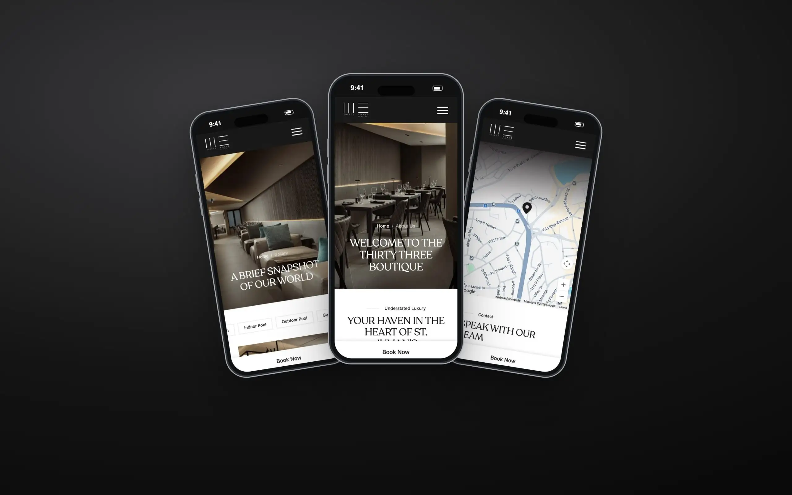 Thirty Three Boutique Hotel mobile website: gallery, about us and contact pages