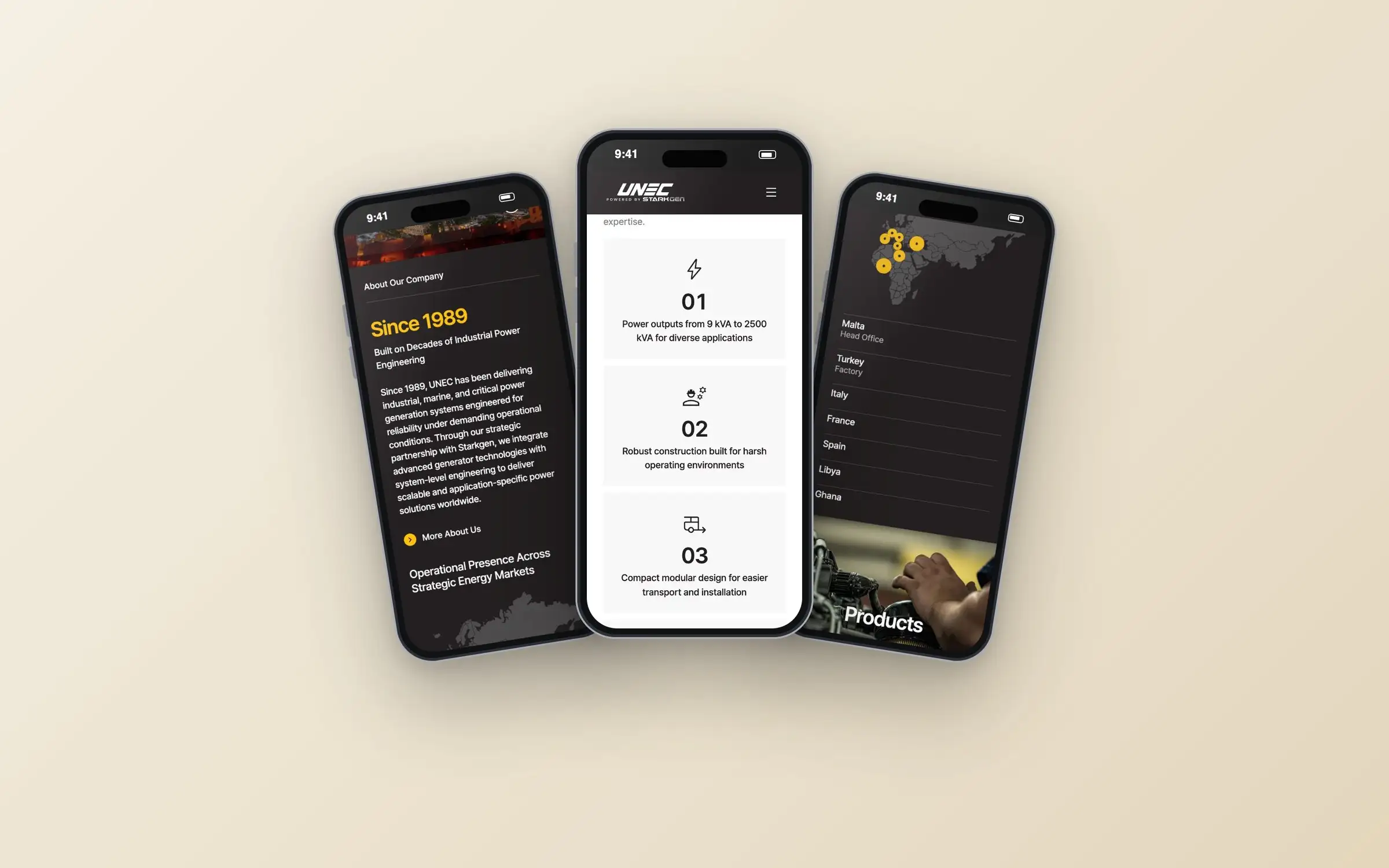 Three phones showing UNEC-Starkgen company history, product features and operational presence
