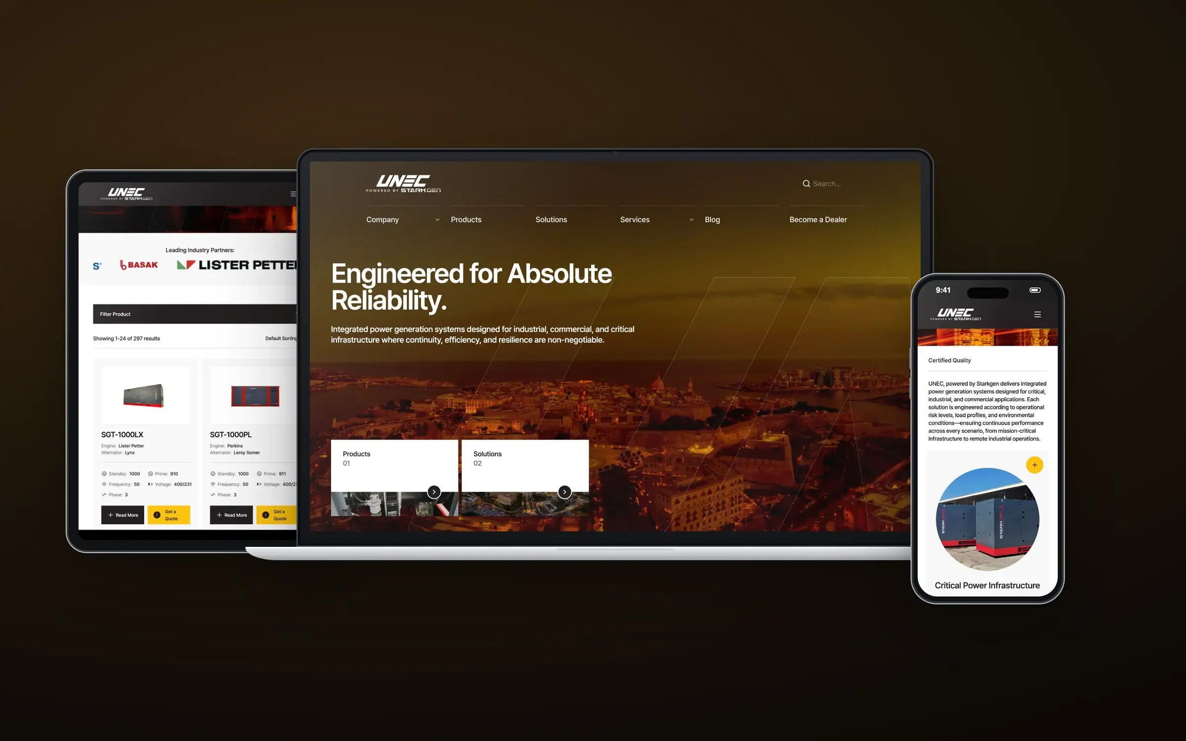 UNEC-Starkgen website on laptop, tablet and phone, showing the homepage, products catalogue and solutions