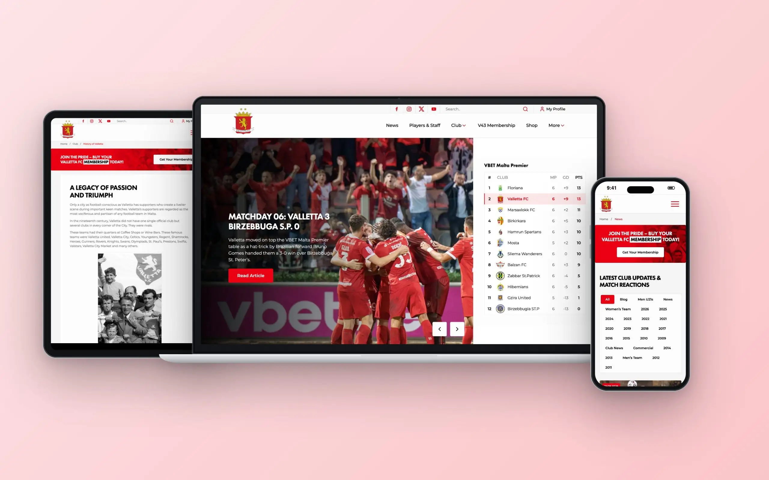 Valletta FC website on laptop, tablet and phone