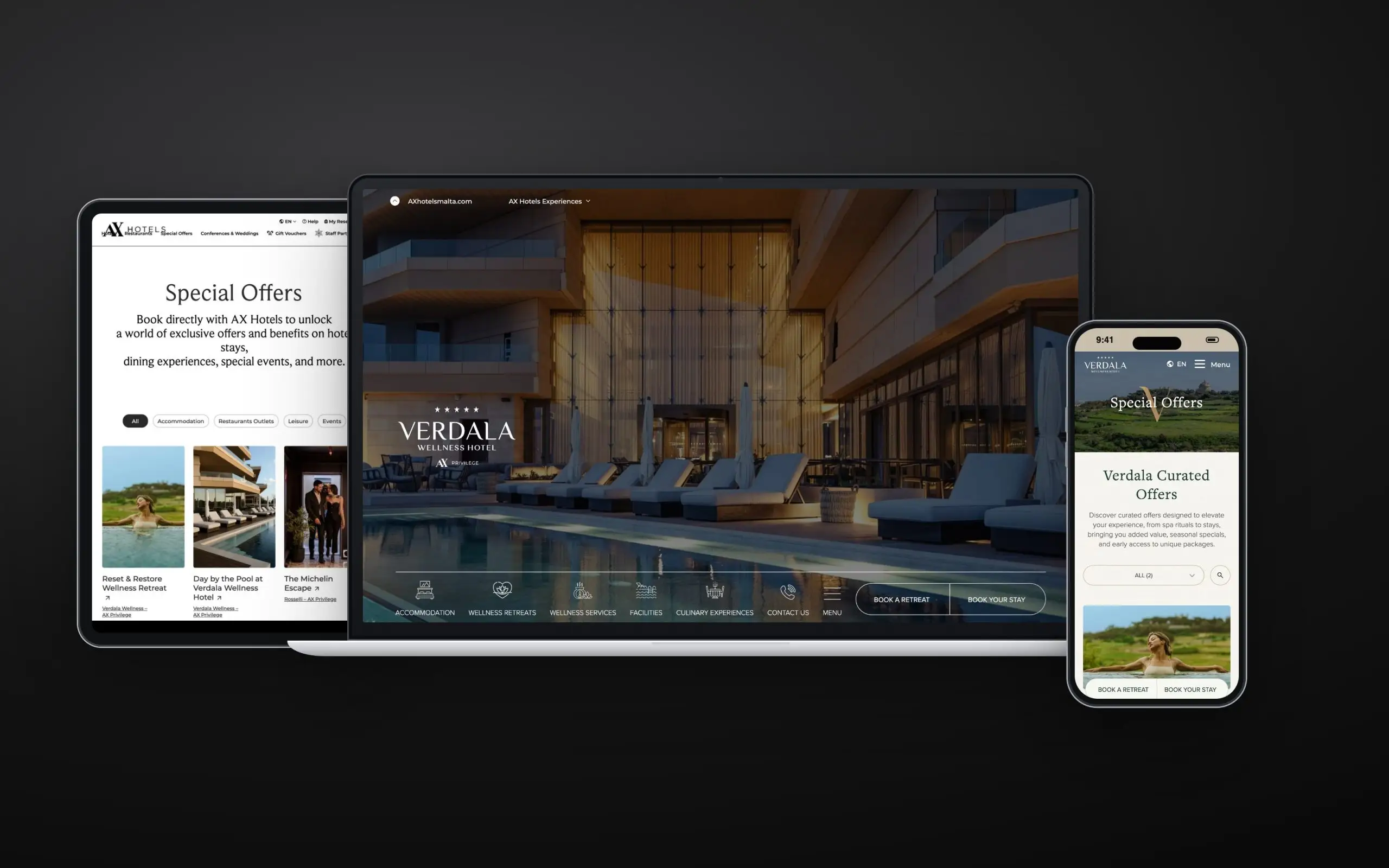 Verdala Wellness Hotel website on laptop, tablet and phone