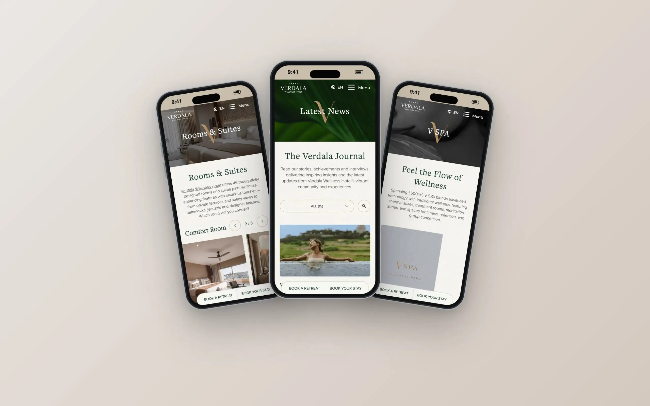 Verdala Wellness Hotel website on three phones