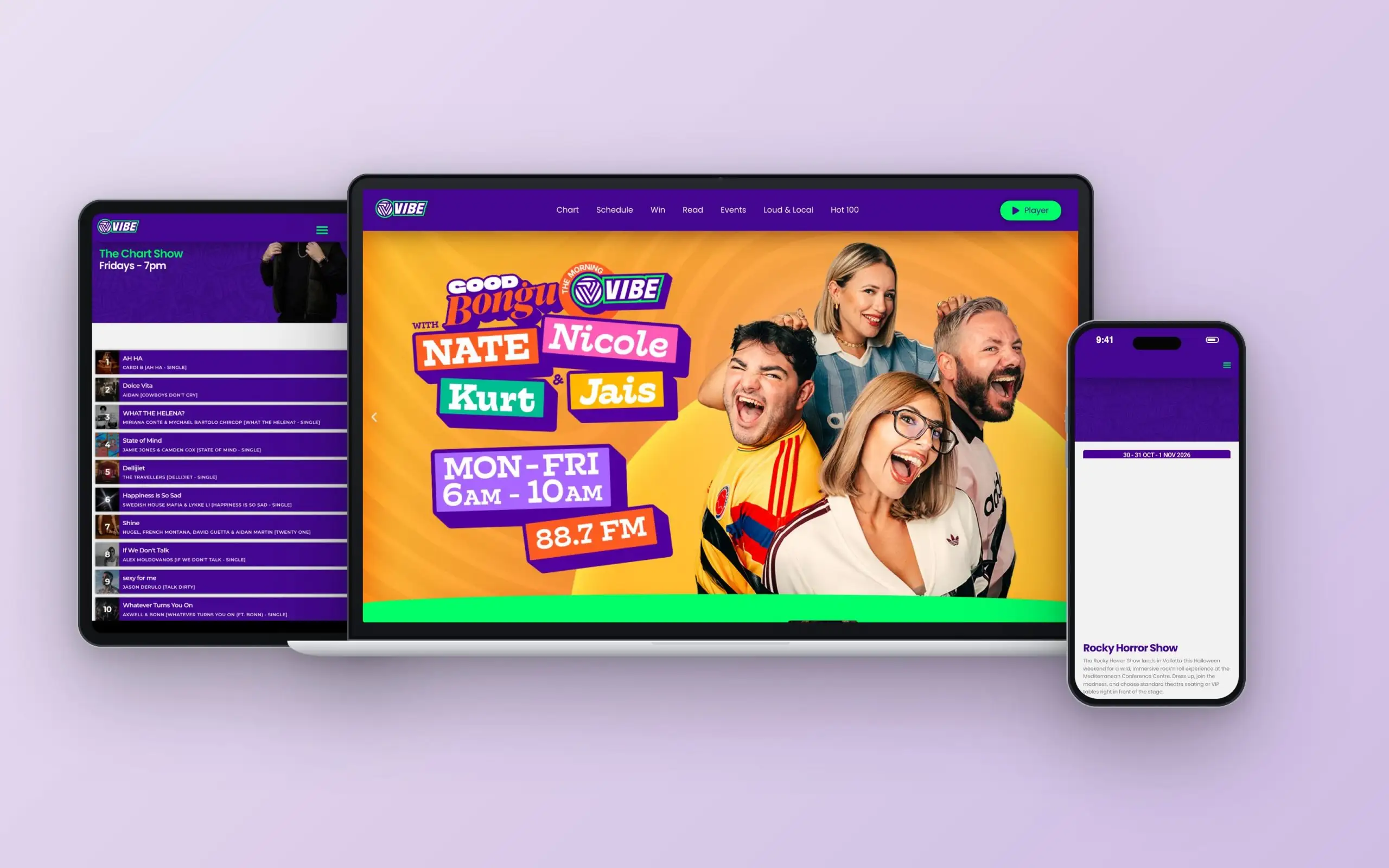 Vibe FM website on laptop, tablet and phone