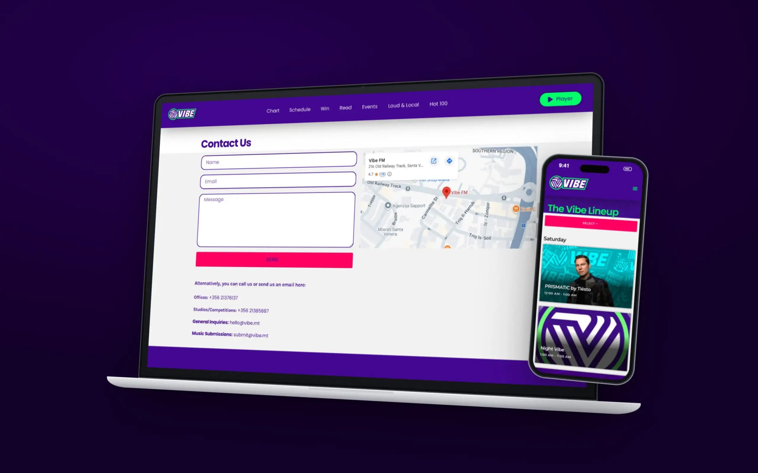 Vibe FM website on an angled laptop and a phone